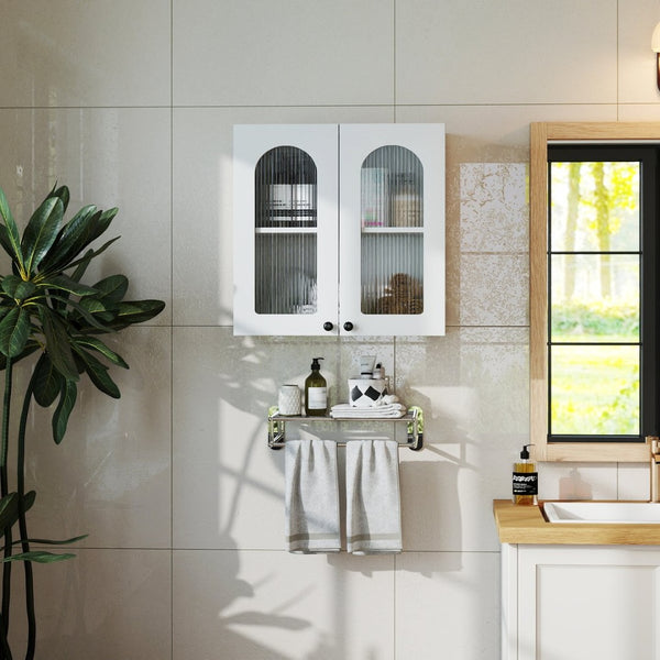 English Elm Wall Mounted Display Cabinet Arched Glass Door Floating Shelves for Kitchen or Bath W331P379951