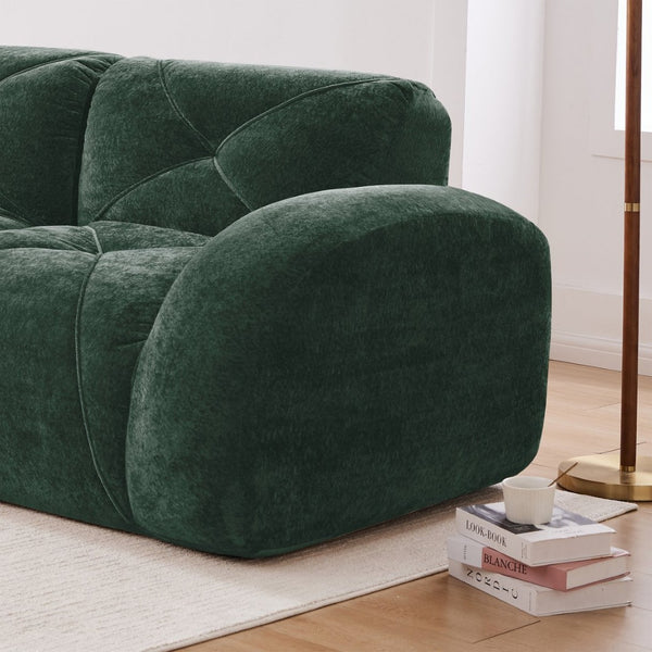 English Elm Three Seater Chenille Sofa with Ottoman Solid Wood Base Tufted Arms Living Room Green W714S01641