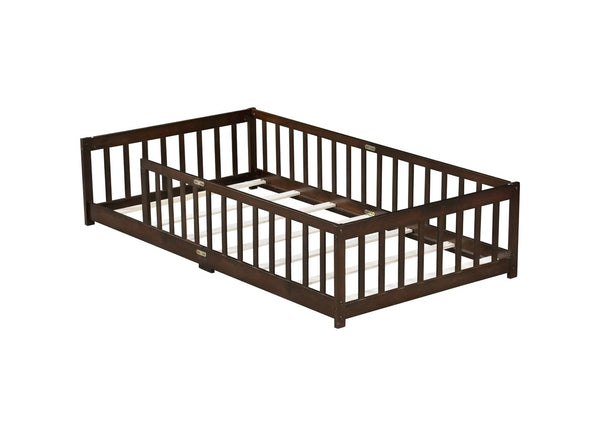 English Elm Twin Low Profile Rubberwood Floor Bed with Full Safety Fence for Toddler Rooms Espresso W504P429337
