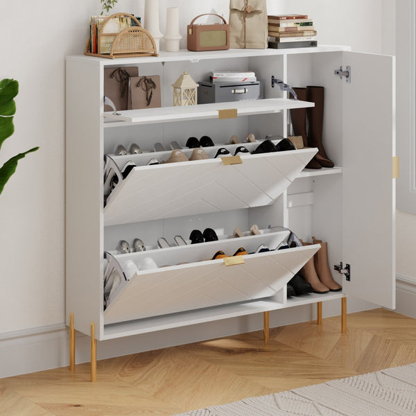English Elm Mdf Herringbone Shoe Cabinet Gold Hardware Entryway Organizer Holds 16 Pairs White T3609P482837