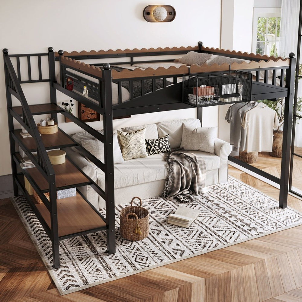 English Elm Twin Xl Metal Loft Bed with Stair Storage Shelves Sturdy Steel Frame for Dorms W1580S00379