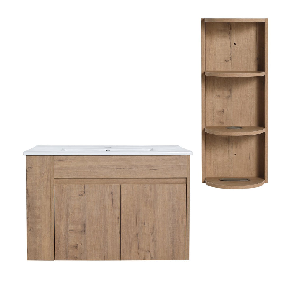 English Elm 30" Wall-Mounted Bathroom Vanity With Ceramic Sink, Soft-Close Doors & Versatile Storage Rack W999S00342