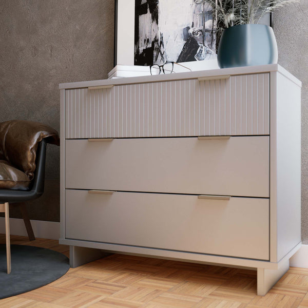 English Elm Granville 38" Dresser In Light Gray - Chic 3-Drawer Storage With Glam Gold Handles & Ribbed Design B365S00079