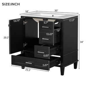 English Elm 30" Modern Bathroom Vanity with Solid Wood Frame, 3 Soft-Close Drawers and Ceramic Sink, Sleek Design Black N729P170557B