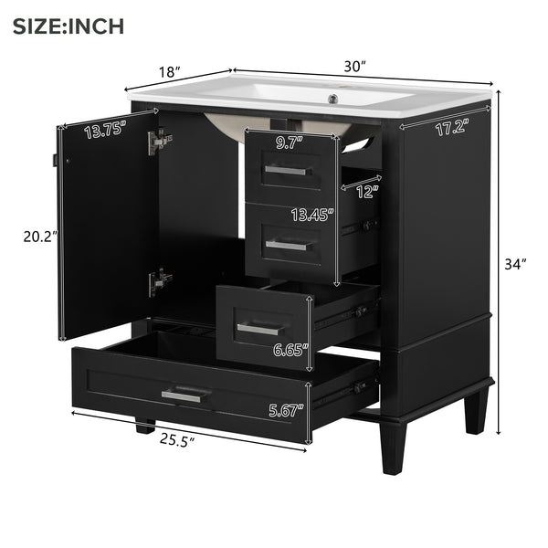 English Elm 30" Modern Bathroom Vanity with Solid Wood Frame, 3 Soft-Close Drawers and Ceramic Sink, Sleek Design Black N729P170557B