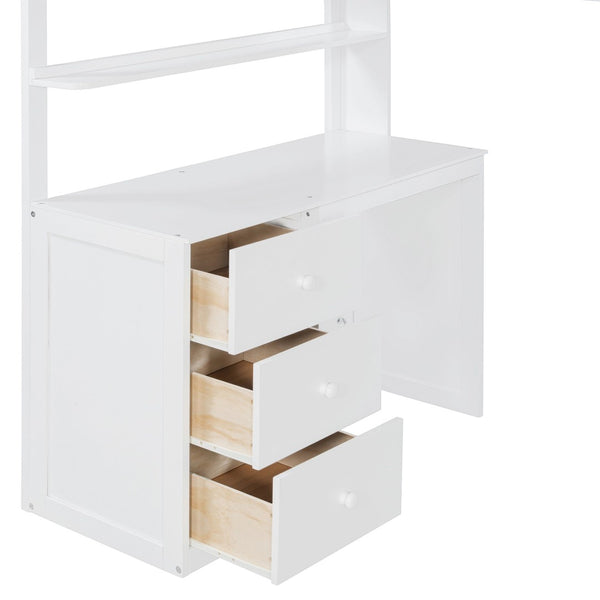 English Elm Twin Loft Bed with Built-in Desk Wardrobe and Drawers Solid Pine Space Saver White LT000301AAK-2