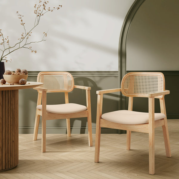English Elm Christopher Knight Home® - Orrin Rattan & Wood Dining Chair with Armrests Set of 2 — Modern Comfortable Fabric Seats, 300 lb Beige+Natural 43 L x 25.75 W x 13.25 H N776P340269K