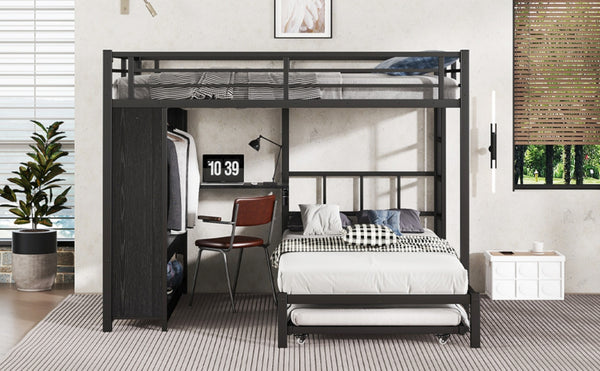English Elm Queen Over Twin Bunk Bed With Wardrobe, Trundle, Foldable Desk & Noise-Reducing Design In Black W1580S00137-GIGA