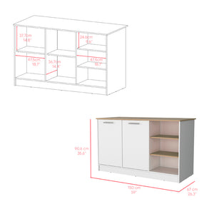 English Elm Kitchen Island Leoti White Engineered Wood with European Ash Top, 2 Cabinets, Durable Modern Storage B092S00268