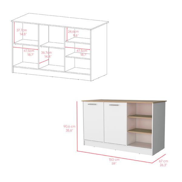 English Elm Kitchen Island Leoti White Engineered Wood with European Ash Top, 2 Cabinets, Durable Modern Storage B092S00268