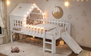 English Elm Twin Playhouse Loft Bed Solid Pine Frame with Slide Led Lights and Star Roof White W5316S00001