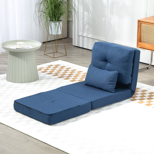 English Elm HOMCOM Convertible Flip Chair Floor Sofa Bed with Adjustable 5-Position Backrest, Pillows & Steel Frame Dark Blue W2225P249723