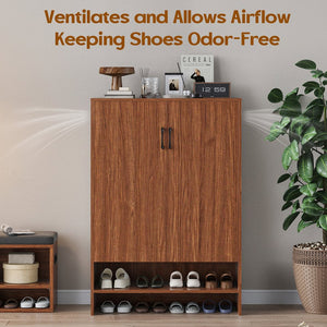 English Elm Shoe Cabinet Farmhouse 7-Tier 28-Pair Storage with Adjustable Shelves, Anti-Tip Rustic Organizer Walnut T3623P408200