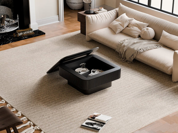 English Elm 31.5'' Square Wood Veneer Flip Top Storage Coffee Table with Slat Detail for Living Rooms Black W1435P375247