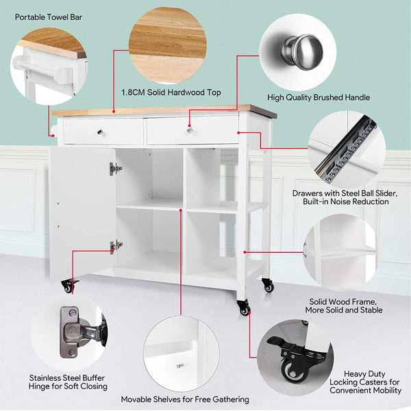 English Elm 40" Kitchen Island Cart with Solid Rubber Wood Top, Locking Casters, Drawers & Towel Rack White T3771P372502