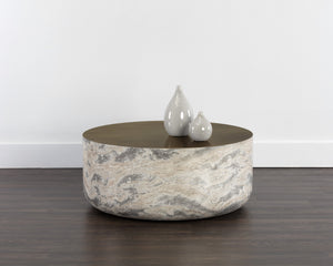 Sunpan Diaz Coffee Table - Stylish Drum Design with Unique Concrete Finish for Modern Indoor and Outdoor Spaces Marble Look / Antique Brass