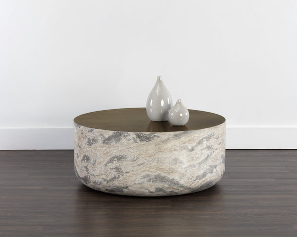 Sunpan Diaz Coffee Table - Stylish Drum Design with Unique Concrete Finish for Modern Indoor and Outdoor Spaces Marble Look / Antique Brass