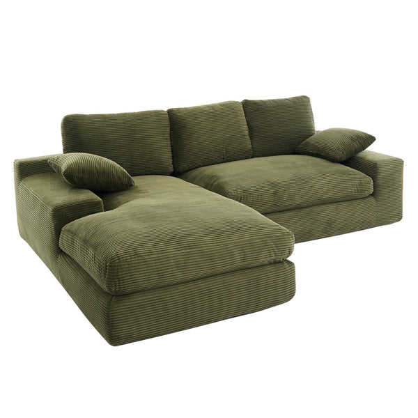 English Elm Green corduroy compressed sofa with 3 back cushions & 2 throw pillows — soft, resilient, space-saving comfort W3612S00016