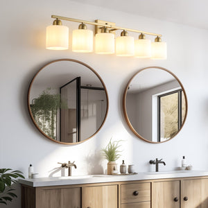 English Elm 6 Light Coppery Vanity Fixture 38" Brushed Gold Metal 6-Bulb Bath Sconce with Milky Shades, Dimmable W2312P374858