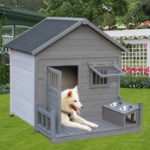 English Elm Large Breed Outdoor Doghouse Solid Fir Wood Covered Porch Weatherproof Asphalt Roof W1431S00010