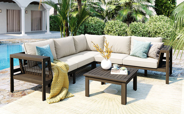 English Elm GO 4 Pieces Outdoor Acacia Wood Sofa Set with Removable Cushions, Woven Armrests & Coffee Table Beige,Grayish Brown N704G201249A