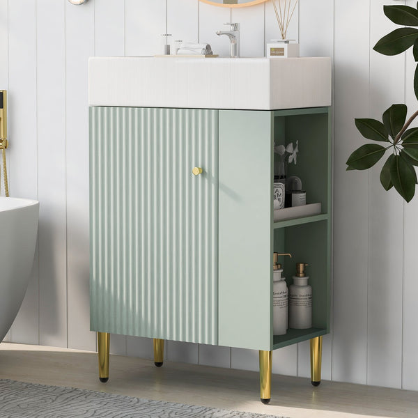 English Elm 21.6" Green Bathroom Vanity with Ceramic Sink, Right Side Storage, Gold Legs, Soft-Close Hinges, Modern Design SV000006AAF