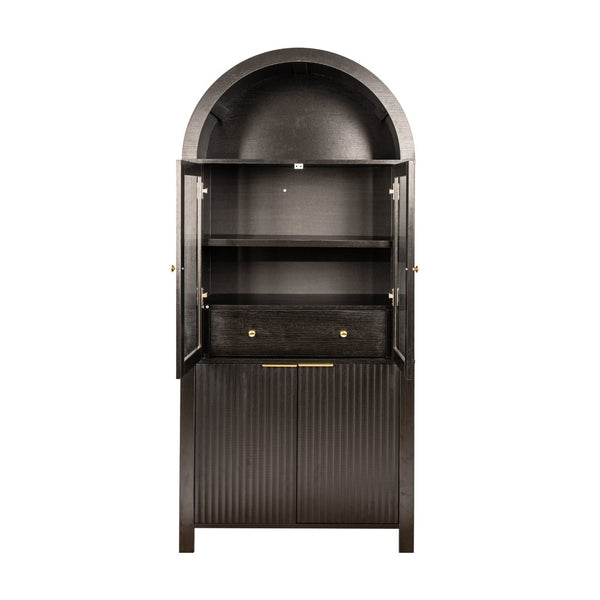 English Elm 71" Arched Glass Barn Door Pantry Cabinet Farmhouse Mdf Storage for Kitchen Dining Black W2917S00014