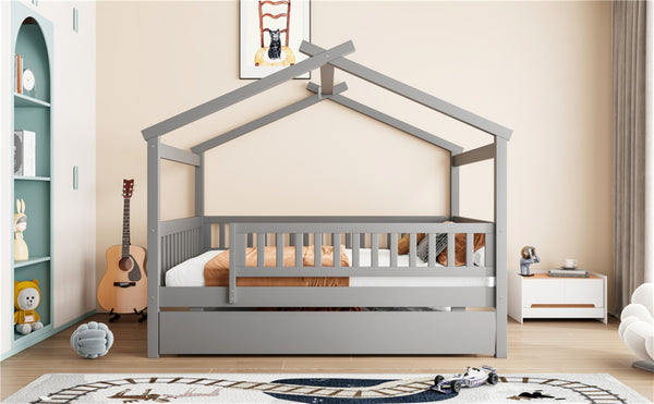 English Elm Full Size Pine House Bed with Roofline Frame and Roll Out Twin Trundle for Kids Gray LP100306AAE
