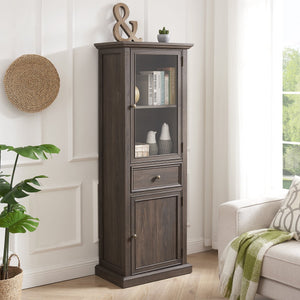 English Elm Tall Glass Storage Cabinet with Classic Farmhouse Design, Ample Shelves, Drawer & Smooth Finish Brown W2275P206603