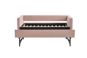 English Elm Pink velvet daybed with diamond-grid pull-out trundle, modern velvet MDF frame, twin size elegance and extra sleep space W1361S00030