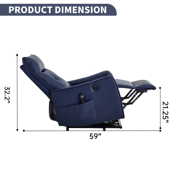 English Elm Deep Blue Pu Leather Power Lift Recliner with Massage Heat and Usb for Seniors W1803P364111