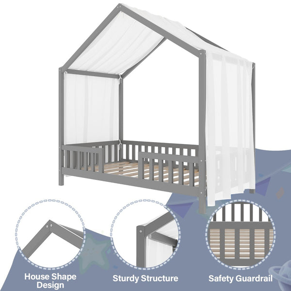 English Elm Montessori Pine Floor Bed Twin with House Canopy Frame and Four Safety Railings N733P356043E