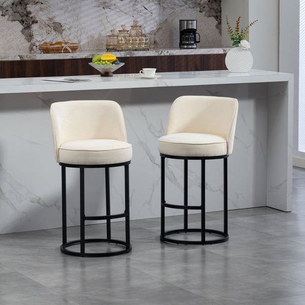 English Elm Counter Height Barstools Set of 2 Linen Upholstered Barrel Seat with Iron Legs Beige W395P410430