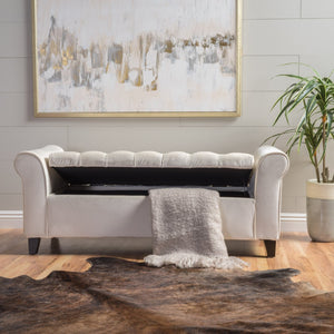 English Elm Lvory Linen Tufted Storage Bench with Rolled Arms and Hidden Lift Top Compartment N770P372389A