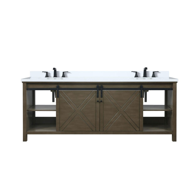 English Elm Rustic Brown Double Bath Vanity 84" W X 22" D, Stunning White Quartz Top & Matte Black Faucet Set B2731P260180-GIGA
