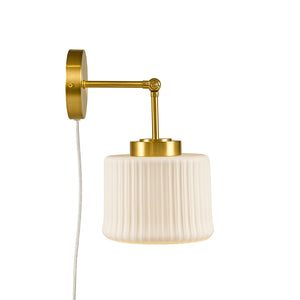 JLA Home INK+IVY - White Ceramic Pleated Wall Sconce with Brushed Gold Swing Arm, Adjustable Task Light for Reading FB155-1182