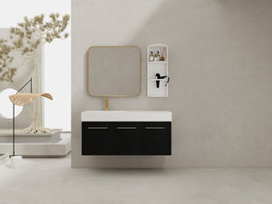 English Elm 48 Inch Wall-Mounted Bathroom Vanity Set With Left Basin Sink, Storage Rack & Soft-Close Hinges W999S00371
