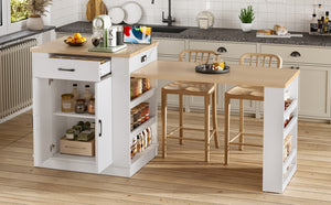 English Elm Extendable Kitchen Island with Storage Drawers Open Shelving and Cabinet in White W1580S00273