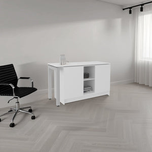 English Elm Desk Corner L-Shaped 28.5" H White Engineered Wood with 2 Doors, 5 Shelves, Space-Saving Office Organizer B097S00199