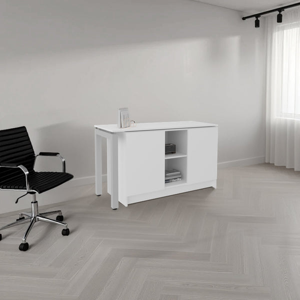 English Elm Desk Corner L-Shaped 28.5" H White Engineered Wood with 2 Doors, 5 Shelves, Space-Saving Office Organizer B097S00199