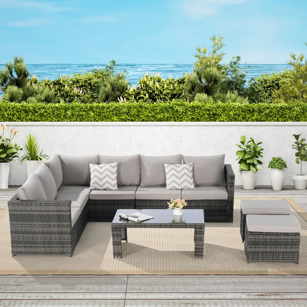 English Elm 6 Piece Outdoor Modular Sectional with Pe Wicker Cushioned Seating and Tempered Glass Table W874S00063