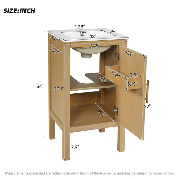 English Elm 18" Pine and Mdf Bathroom Vanity with Ceramic Basin Soft Close Hinged Cabinet N710P426321P