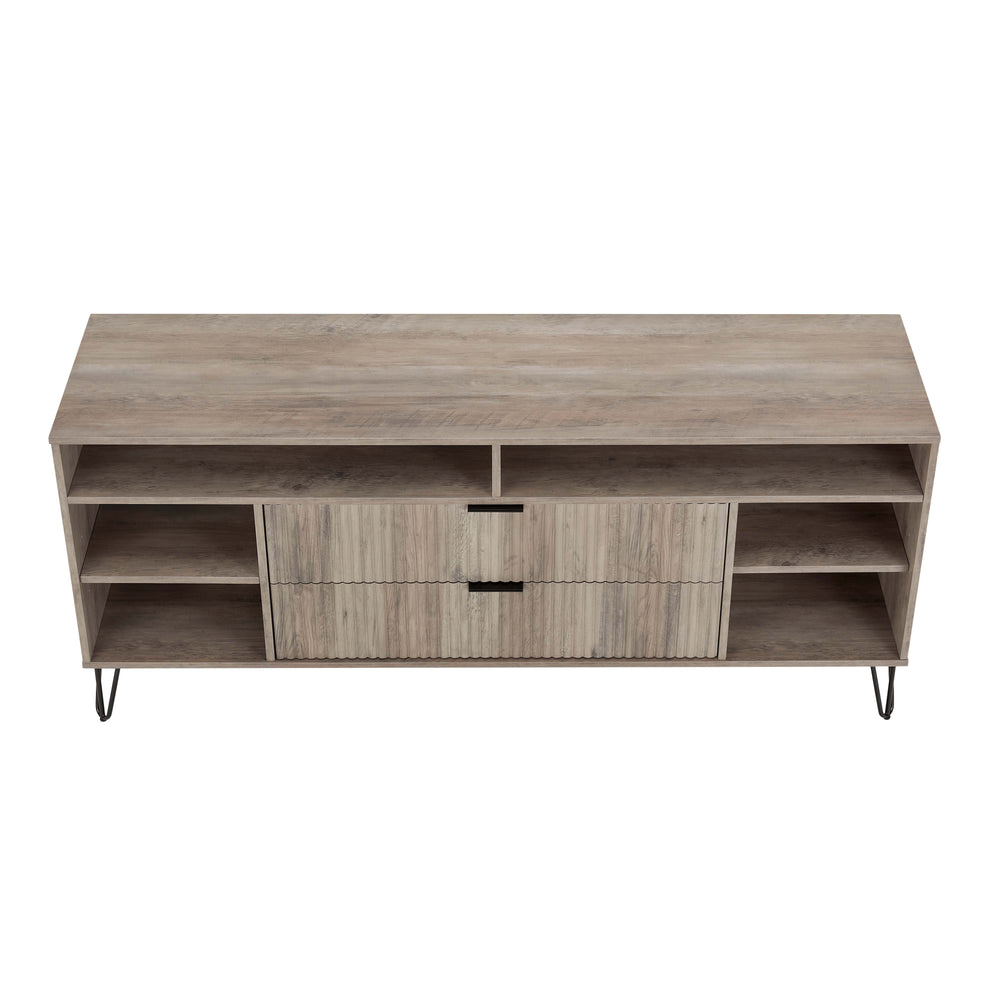 English Elm Dumbo 63" Fluted Media Console with Gold Legs, 2 Drawers, 6 Shelves & Wire Management Elegance Grey B365P397919