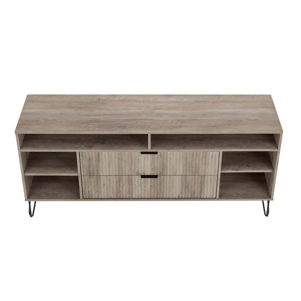 English Elm Dumbo 63" Fluted Media Console with Gold Legs, 2 Drawers, 6 Shelves & Wire Management Elegance Grey B365P397919