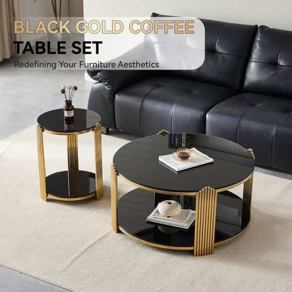 English Elm 16.9inch Round End Table Dual Tier Black Tempered Glass Gold Steel Frame Modern Accent W3357P395504