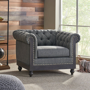 English Elm Christopher Knight Home® - CLUB Club Chair Chesterfield-Inspired Tufted PU Upholstery with Nailhead Trim, Scrolled Arms, Turned Legs Charcoal 39.25 L x 34.25 W x 25 H 72069.00FCHAR