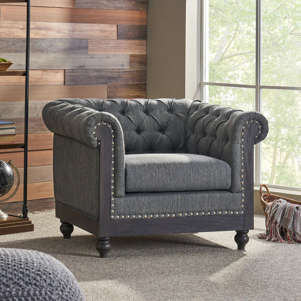 English Elm Christopher Knight Home® - CLUB Club Chair Chesterfield-Inspired Tufted PU Upholstery with Nailhead Trim, Scrolled Arms, Turned Legs Charcoal 39.25 L x 34.25 W x 25 H 72069.00FCHAR