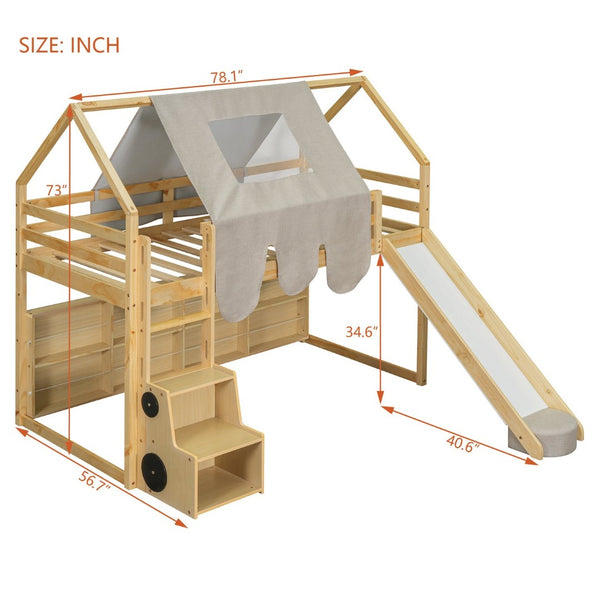 English Elm Twin House Loft Bed with Tent Canopy Slide and Shelves Pinewood Kids Frame Natural LT000682AAD