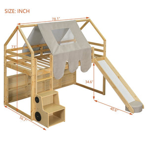 English Elm Twin House Loft Bed with Tent Canopy Slide and Shelves Pinewood Kids Frame Natural LT000682AAD-1