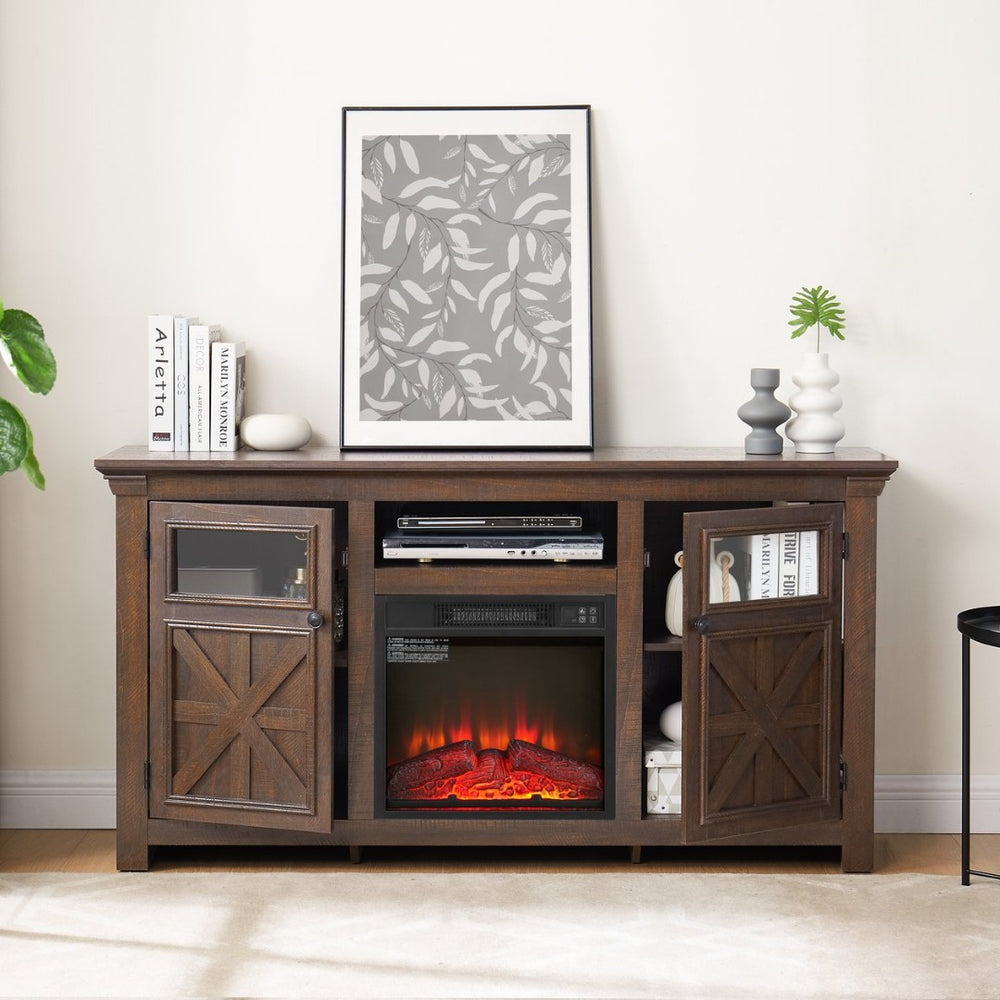English Elm 2 Door Farmhouse Entertainment Console with Built-in Electric Fireplace Barn Style Espresso W2275S00041